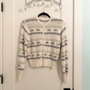Vintage - Handmade Pointelle Floral Cardigan - Cream & Blue - Size Small (S)